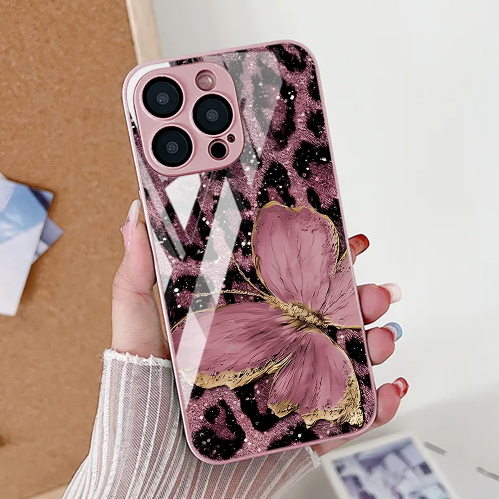 Tempered Glass Screen - Borboleta leopardo impressão caso de telefone